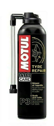 MOTUL P3 tyre repair kit in a 300ml container, featuring a nozzle for quick and effective puncture repair on vehicle tyres.