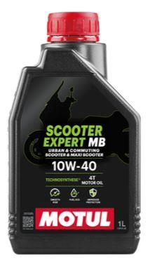 Motul Scooter Expert 10W40 4T MB motor oil bottle, 1-liter container with label and cap for scooter engine lubrication.