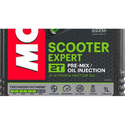 Motorcycle scooter engine oil in a 1-liter container, Motul SCOOTER EXPERT 2T, designed for two-stroke scooters.