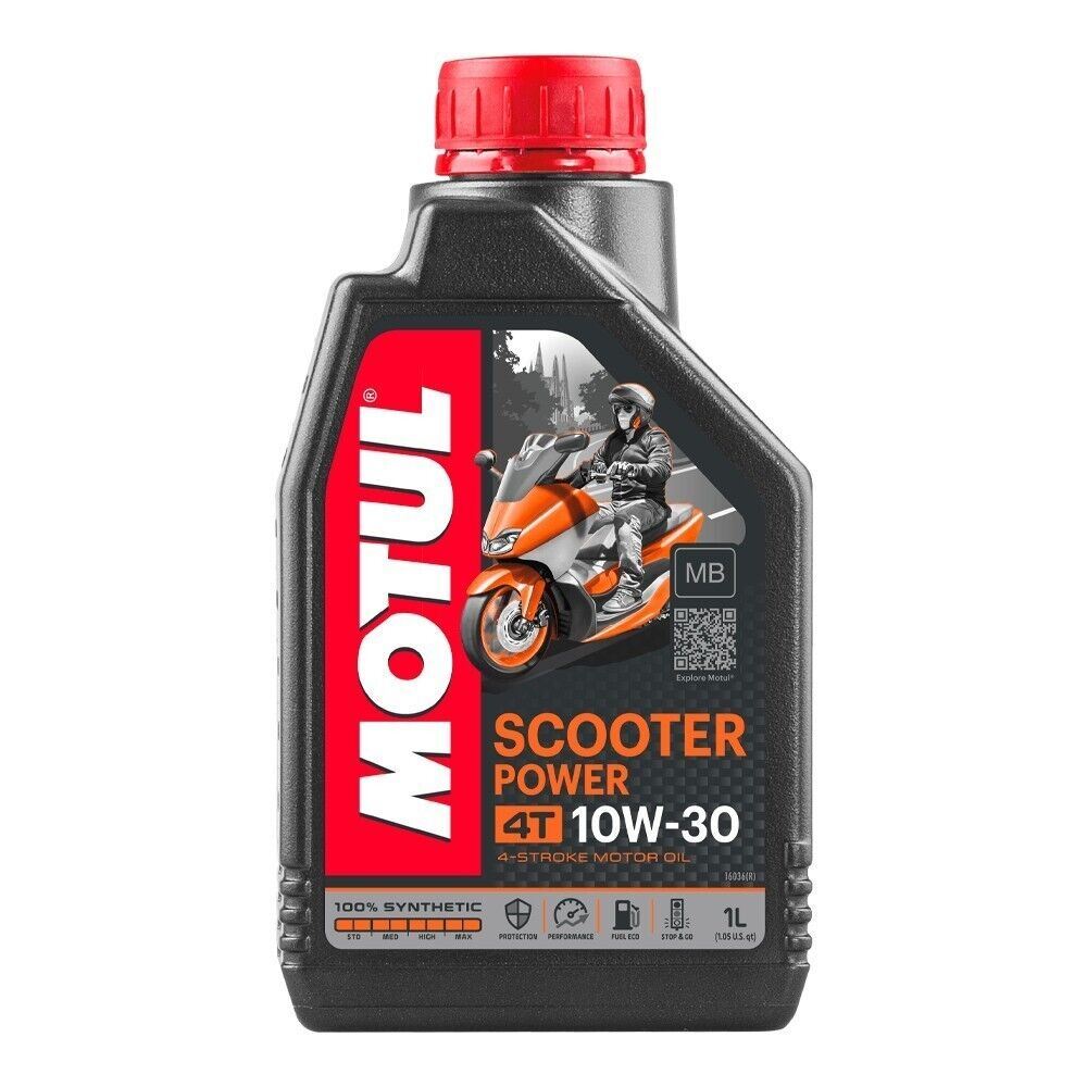 Motul Scooter Power 10W30 4T MB engine oil in a 1-liter container, designed for scooter engines.