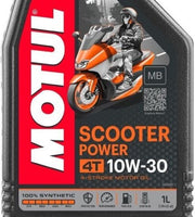 Motorcycle engine oil bottle labeled Motul Scooter Power 10W30 4T MB, 1 liter, with product details on the label.