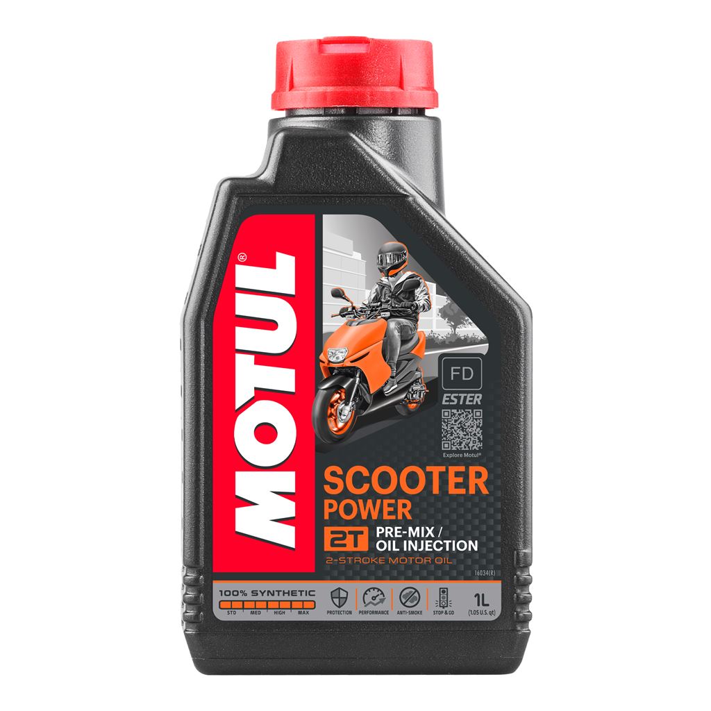 Motul Scooter Power 2T 1-litre motorcycle and scooter engine oil, clear container with label, designed for two-stroke engines.