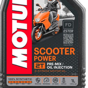 Motorcycle scooter engine oil bottle labeled Motul Scooter Power 2T 1 Litre, yellow and black packaging with product details.