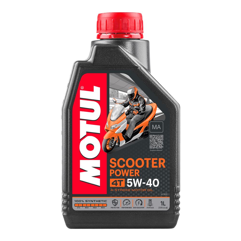 Motul Scooter Power 5W40 4T MA motor oil container, 1-liter bottle for scooter engine lubrication.