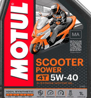 Motul Scooter Power 5W40 4T MA engine oil in 1-liter bottle, suitable for scooter engines, with brand logo visible.
