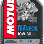 Motor oil bottle labeled Motul Transoil 10W30 1L with a white cap and blue and white label, suitable for vehicle lubrication.
