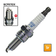 NGK BCPR7EIX Iridium IX spark plug showing the metal tip and ceramic insulator for automotive ignition systems.