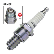 NGK BPM6F spark plug with metal shell and ceramic insulator, designed for automotive engines, shown in close-up.