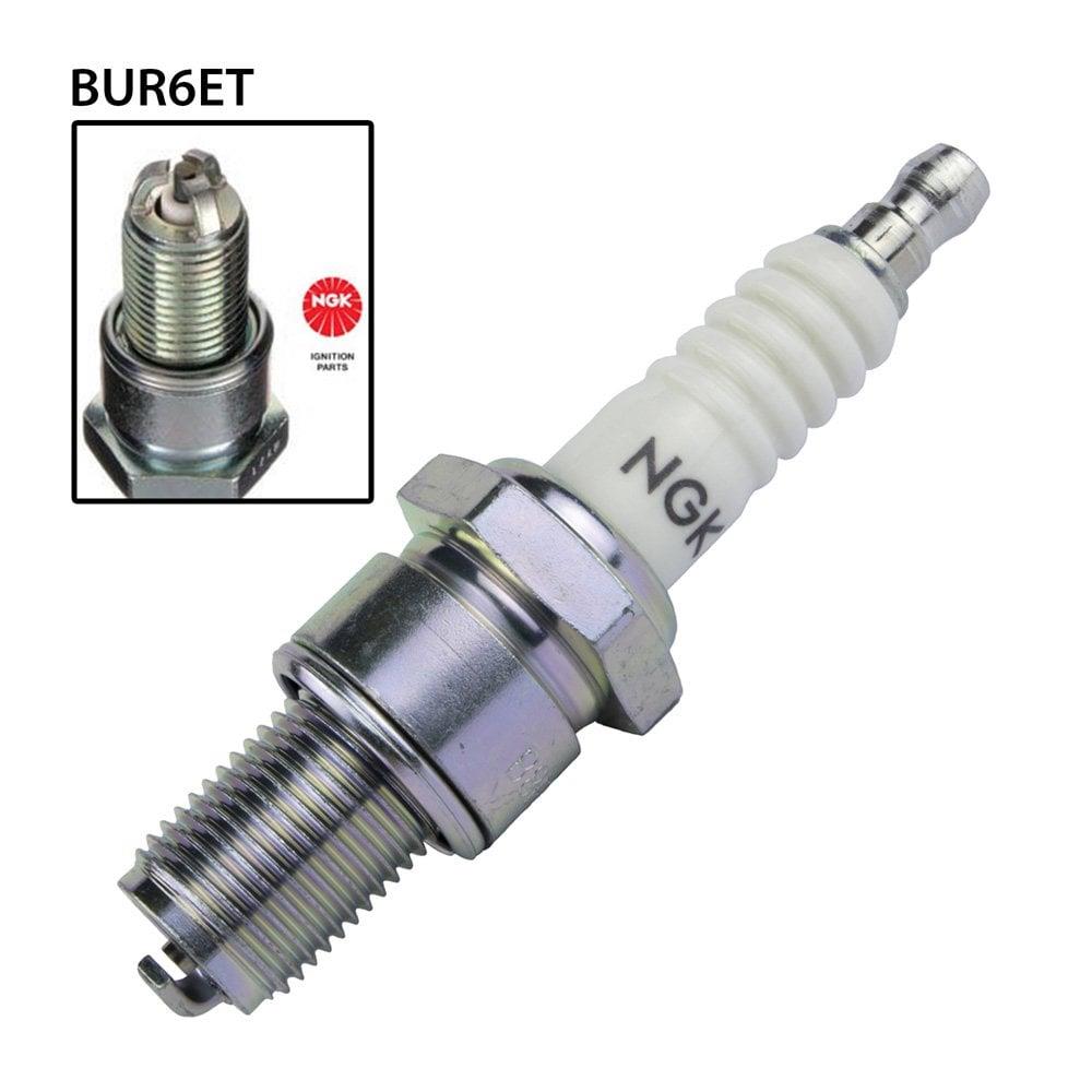 NGK BUR6ET spark plug for cars and commercial vehicles, showing the metal tip and ceramic insulator in close-up.