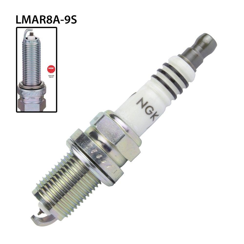 NGK LMAR8A-9S spark plug with white ceramic insulator and metal threaded shell, designed for automotive engine performance.