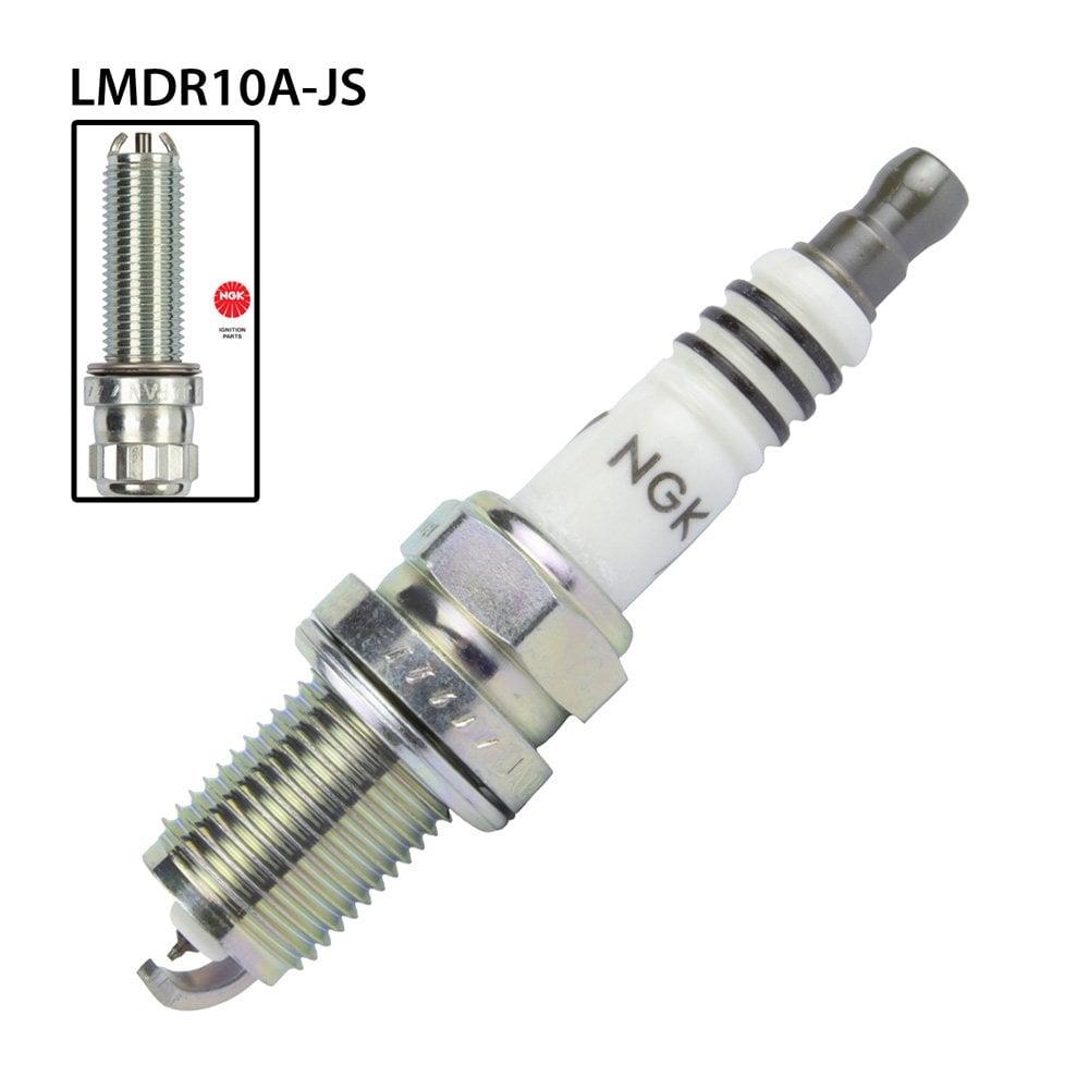 NGK LMDR10A-JS spark plug showing metal shell, ceramic insulator, and electrode for automotive engine ignition system.
