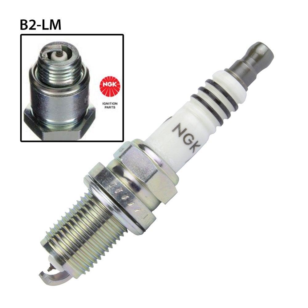 NGK single spark plug B2-LM model, showing the metal shell and ceramic insulator for automotive ignition systems.
