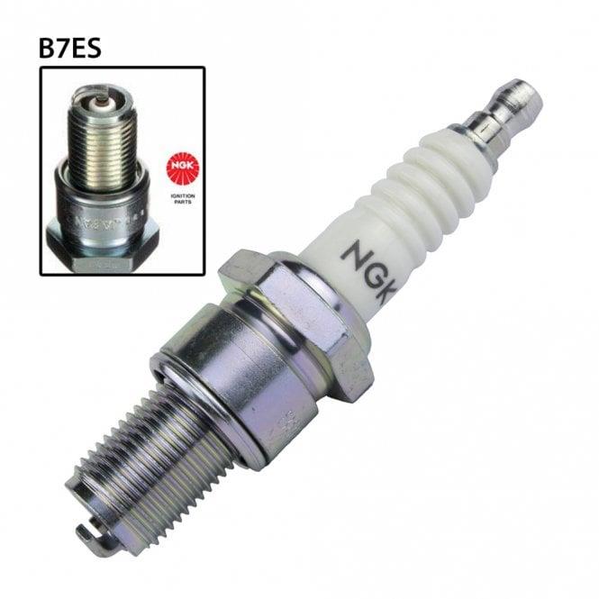 NGK single spark plug B7ES with metal shell and ceramic insulator, used for automotive engine ignition systems.