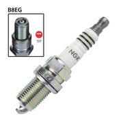 NGK B8EG single spark plug showing metal tip and ceramic insulator for small engine or vehicle ignition systems.