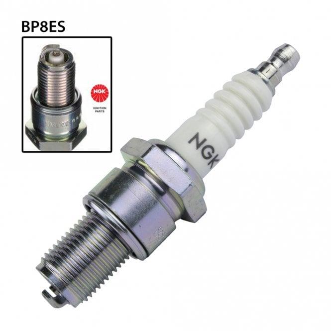NGK single spark plug BP8ES for automotive engines, showing the metal threaded section and ceramic insulator.