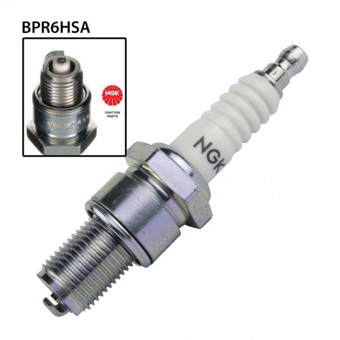 NGK BPR6HSA single spark plug showing metal terminal and ceramic insulator for automotive ignition systems