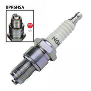 NGK BPR6HSA single spark plug showing metal terminal and ceramic insulator for automotive ignition systems