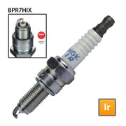 NGK BPR7HIX single spark plug showing metal electrode and ceramic insulator for automotive ignition system.
