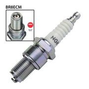 NGK single spark plug BR8ECM shown in close-up, showcasing the metal tip and ceramic insulator for automotive engine use.
