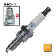 NGK single spark plug BR8ECMIX with ceramic insulator and metal shell, designed for automotive engine ignition systems.