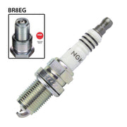 NGK BR8EG single spark plug with ceramic insulator and metal shell for automotive engine ignition system.