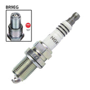 NGK single spark plug BR9EG with metal terminal and ceramic insulator for automotive ignition systems.