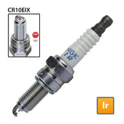 NGK CR10EIX single spark plug with iridium tip, showing the metal and ceramic insulator, ideal for high-performance engines.