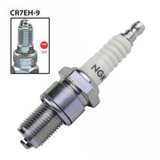 NGK single spark plug model CR8E, showing the metal terminal and ceramic insulator, used for automotive engine ignition.