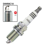NGK single spark plug DIMR8C10 with NGK92743 label, showing the metal and ceramic components of the automotive spark plug.