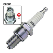 NGK DR6HS single spark plug showing metal terminal and ceramic insulator for automotive ignition system.