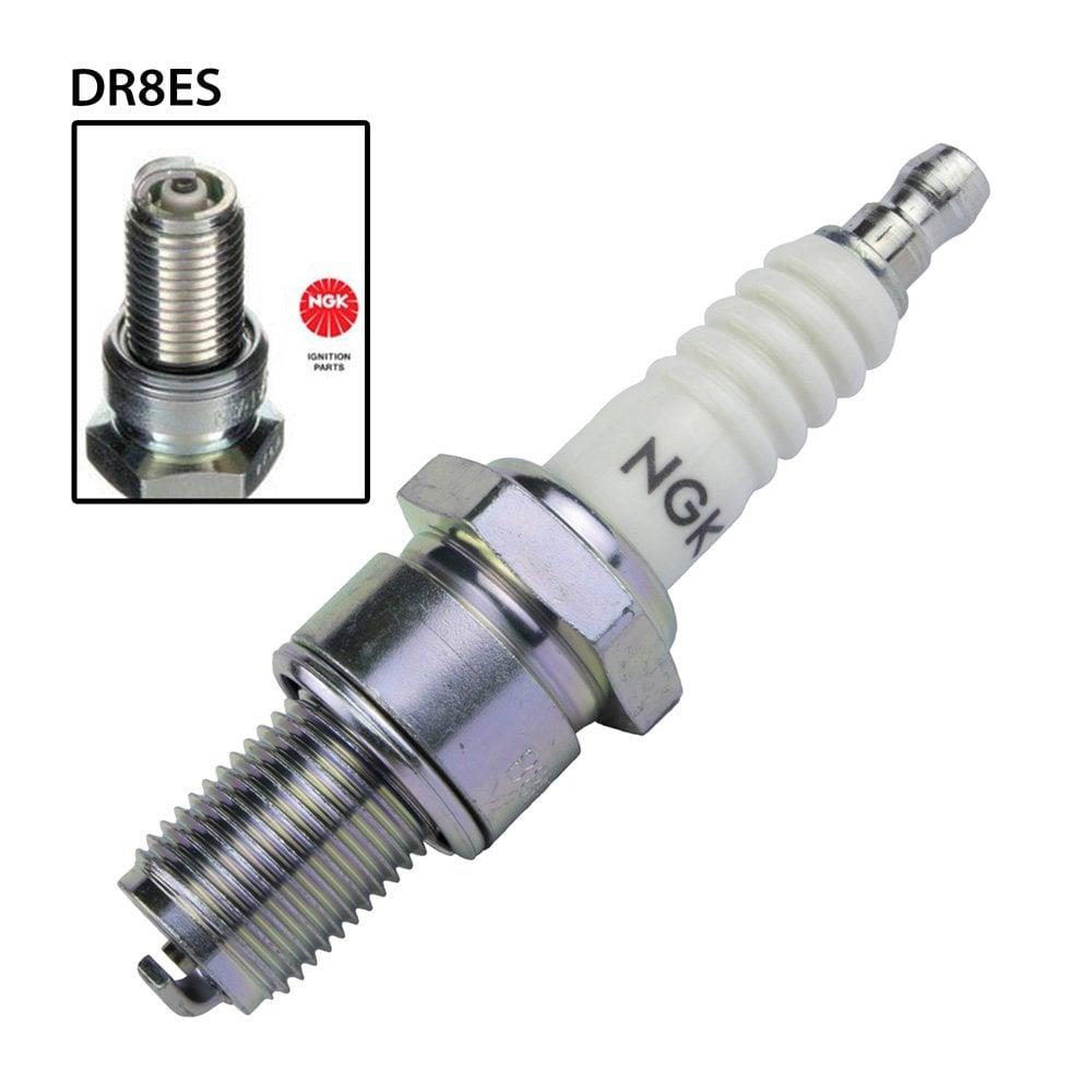 NGK single spark plug DR8ES with ceramic insulator and metal threads, designed for automotive engine ignition.