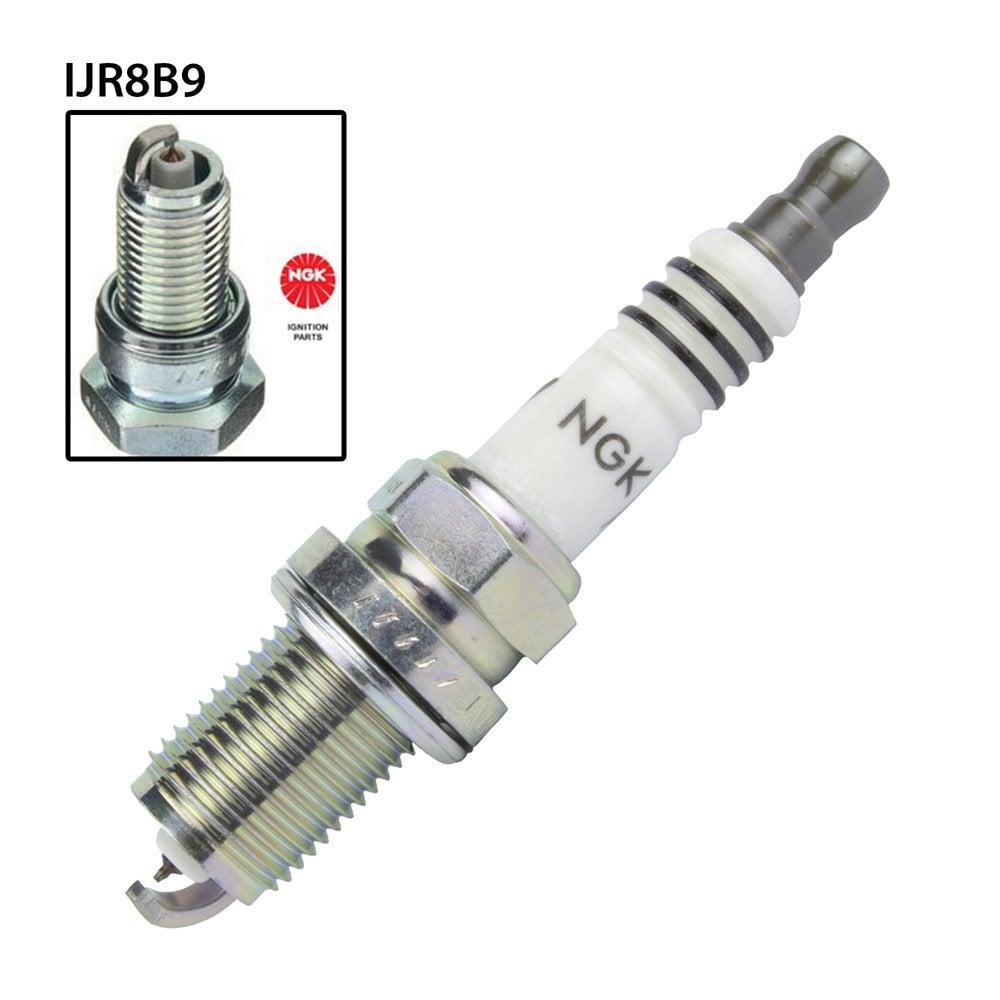 NGK single spark plug IJR8B9 model in a close-up view, showing the metal tip and ceramic insulator.