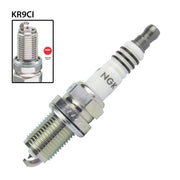 NGK KR9CI single spark plug with black ceramic insulator and metal terminal for vehicle ignition system.