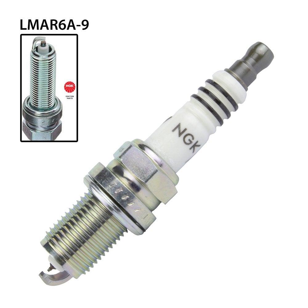 NGK LMAR6A-9 single spark plug with white ceramic insulator and metal threaded base, designed for automotive engines.