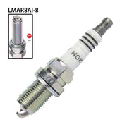 NGK single spark plug LMAR8AI-8 with ceramic insulator and metal shell for automotive engine ignition system.