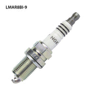 NGK single spark plug LMAR8BI-9 with ceramic insulator and metal shell for vehicle ignition systems.