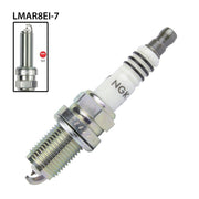 NGK single spark plug LMAR8EI-7 with metal shell and ceramic insulator, used for automotive engine ignition system.