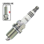 NGK single spark plug LMAR8J-9E with metal terminal, designed for vehicle ignition systems, shown in close-up.