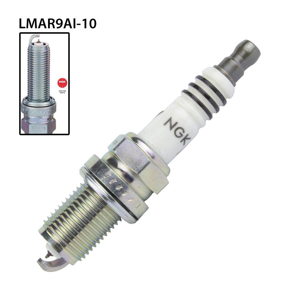NGK single spark plug LMAR9AI-10 with NGK93188 label, showing the metal shell and insulator in a close-up view.