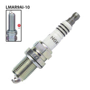 NGK single spark plug LMAR9AI-10 with NGK93188 label, showing the metal shell and insulator in a close-up view.