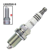 NGK single spark plug LMAR9AI-8 with NGK97225 label, showing the metal tip and ceramic insulator for automotive ignition systems.