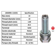 NGK single spark plug LMAR9D-J, model NGK1633, showing the metal tip and ceramic insulator for automotive engine ignition.