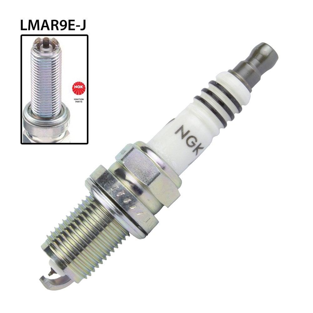 NGK single spark plug LMAR9E-J with metal shell and porcelain insulator for automotive ignition system.