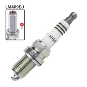 NGK single spark plug LMAR9E-J with metal shell and porcelain insulator for automotive ignition system.
