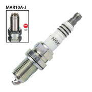 NGK single spark plug model MAR10A-J, used for automotive engines, shown in a close-up image with metal and ceramic components.