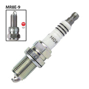 NGK single spark plug MR8E-9 S with NGK90527 model number, showing the metal shell and ceramic insulator for automotive use.