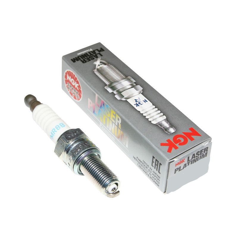 NGK single spark plug PMR8B showing metal shell and ceramic insulator for automotive ignition systems.
