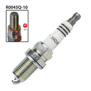 NGK single spark plug R0045Q-10 with ceramic insulator and metal threaded shell for automotive ignition systems.