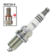 NGK single spark plug R0373A-9 showing metal tip and ceramic insulator for vehicle ignition system.