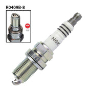 NGK single spark plug R0409B-8, engine ignition part with metal shell and ceramic insulator, displayed against a white background.